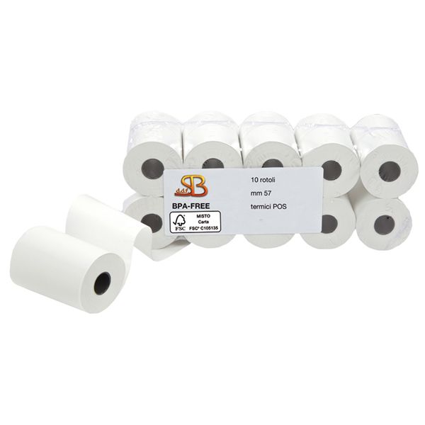 Rotolo per POS e carte di credito - 57 mm x 20 m - diametro esterno 40 mm - anima 12 mm - 55 gr - carta termica BPA free - Sabacart - blister 10 pezzi