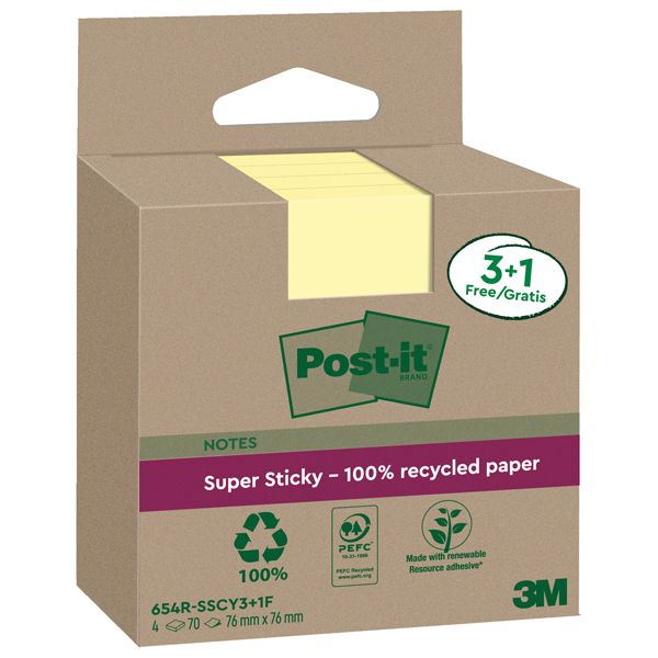 Cf. 3+1pz blocco 70fg Post-it SuperSticky Green 76x76mm 654R-SSCY3+1 giallo