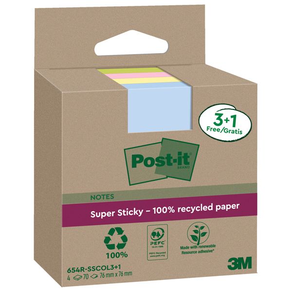 Cf. 3+1pz blocco 70fg Post-it SuperSticky Green 76x76mm 654R-SSCOL3+1 pastello
