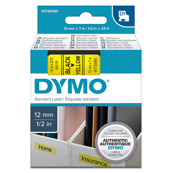 Nastro D1 450180 - 12 mm x 7 mt - nero/giallo - Dymo