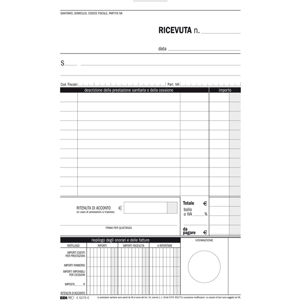 Blocco ricevute sanitarie numerate - 50/50 fogli autoricalcanti