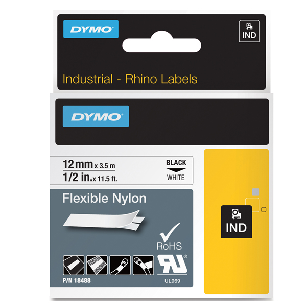 Nastro Rhino 18489 - 19 mm x 3,5 mt - nylon flessibile - nero/bianco - Dymo