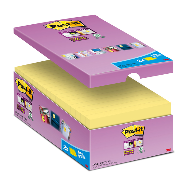 Blocco foglietti Post it Super Sticky - 655-SSCY-VP16-EU - 76 x 127 mm - giallo Canary - 90 fogli - Post it - conf. 16 blocchi