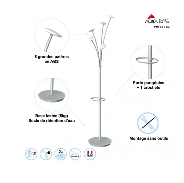 Appendiabiti con portaombrelli - 5 posti - 187x38 cm - bianco - Alba