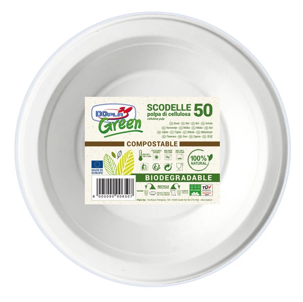 Scodella monouso - rotonda -  diametro 17,5 cm - 450 ml - cellulosa - bianco - Dopla Green - conf. 50 pezzi