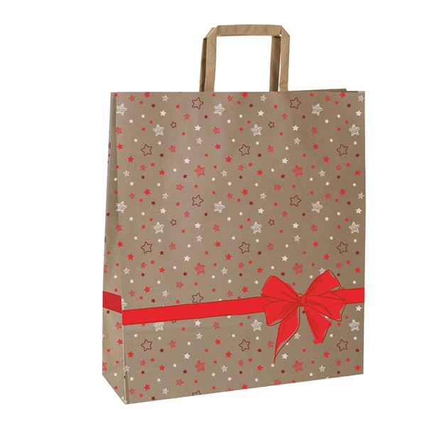 Shoppers - con maniglie piattina - carta - 22 x 10 x 29 cm - fantasia stellata - rosso - Mainetti Bags - conf. 25 pezzi