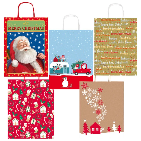 Shopper in carta kraft - con manici - 16 x 21 x 8 cm - fantasia natale - Sadoch